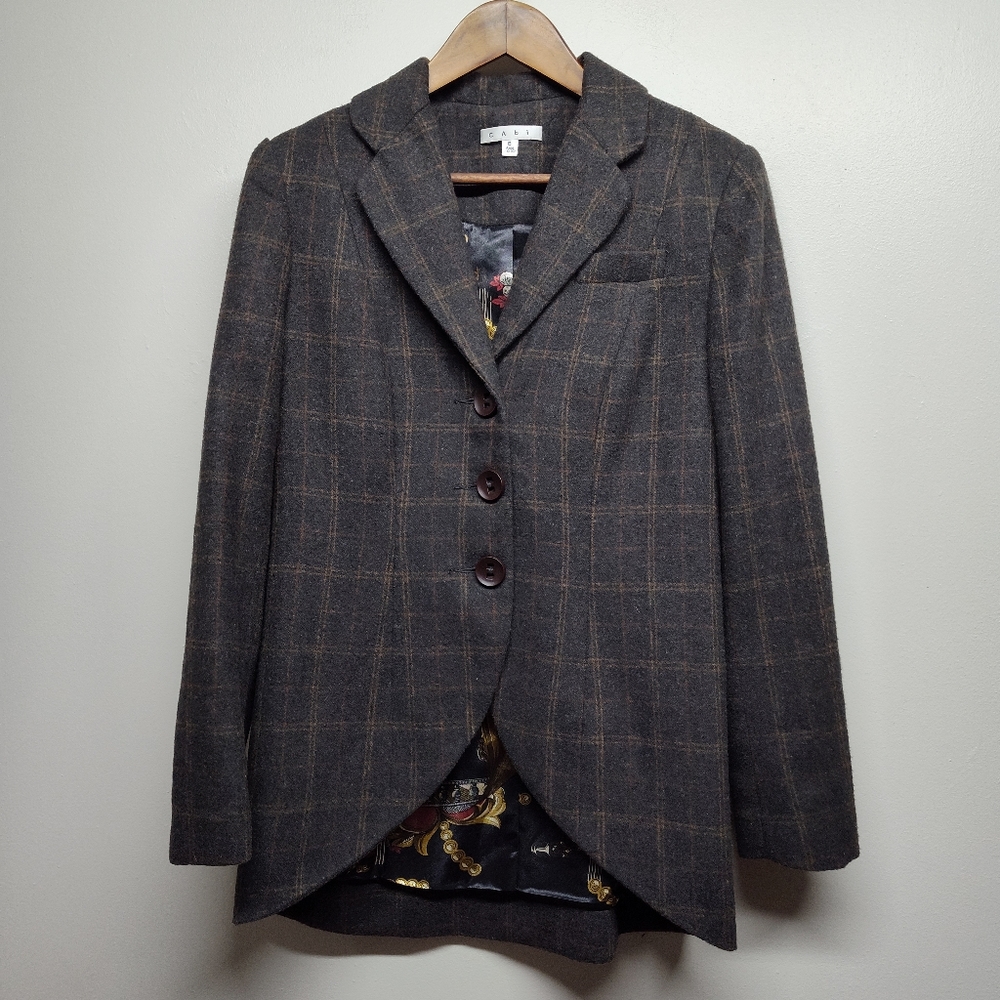 Cabi Blazer Jacket Women Size 6 Gray Plaid Wool Blend Button Closure Lined